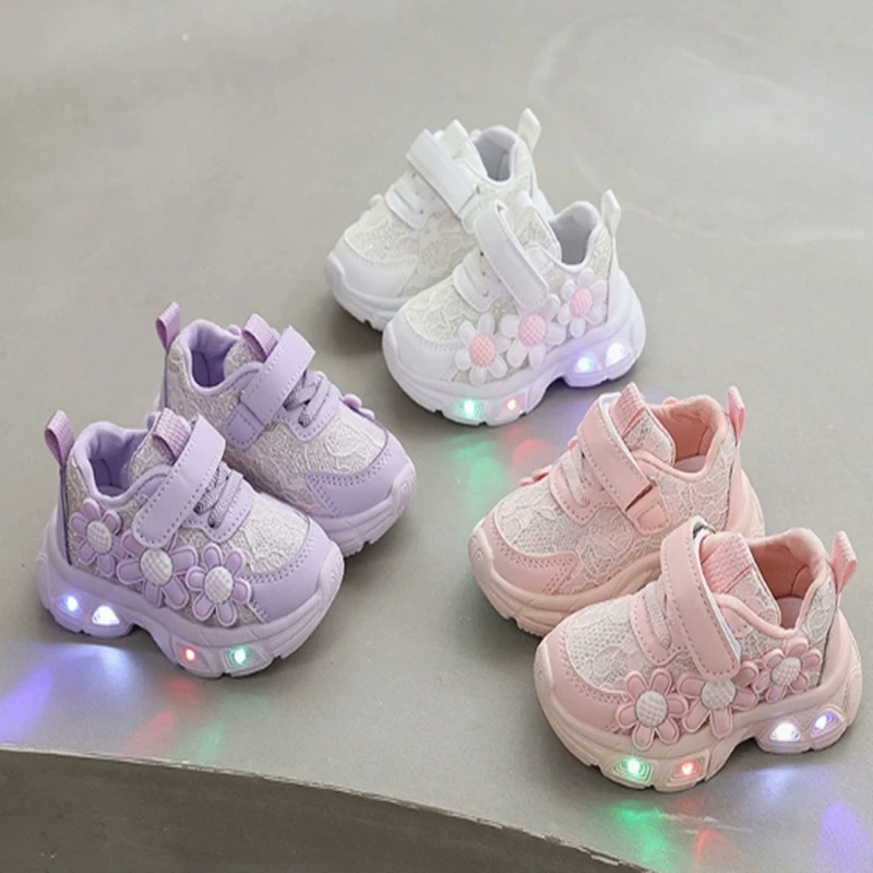 New Girls Led Luminous Shoes Toddler Sneakers Casual Flower Print Kids Breathable Light Up Baby Flat Sport Spring Autumn Shoes