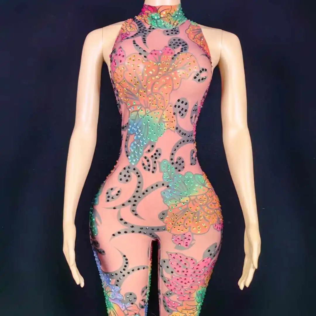 Frauen Strass Stretch Sparkly Showgirl Tänzerin Strampler Bühne Tragen Nachtclub Pole Ballsaal Ärmellose Overalls Für Party Outfit