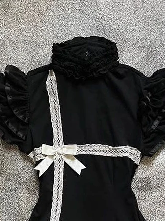 Goth Spitzenkleid Y2k Sweet Slim Damen Punk Schleife Vintage Kurzarm Lolita 2000er Kawaii Harajuku Sommer Minikleider Emo Grunge