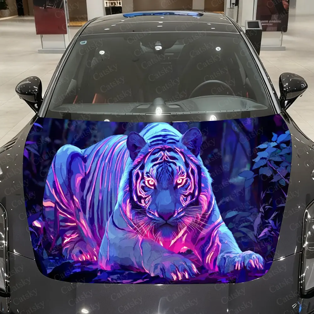 

Neon Flame Tiger Lurking in Dark Forest Car Vinyl Wrap, PVC Material Waterproof Car Hood Sticker, Self-Adhesive Scratch-Resistan