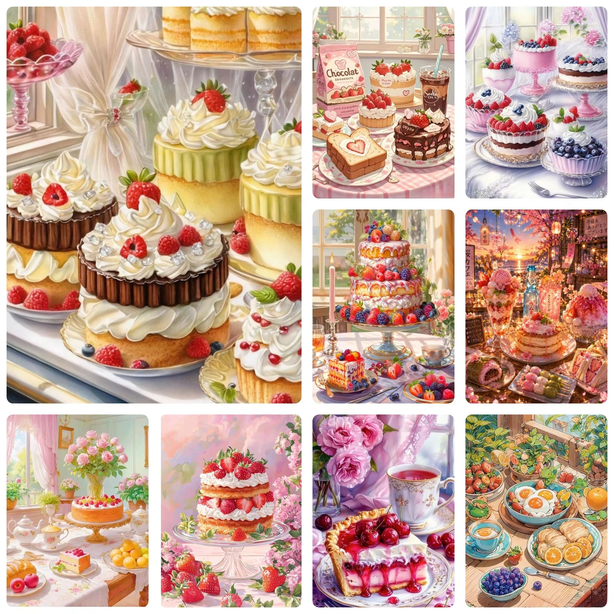 DIY Süßer Fruchtkuchen Dessert Nachmittagstee Gourmet Diamantmalerei Mosaik Handgemachte Kunst Exquisite Heimdekoration