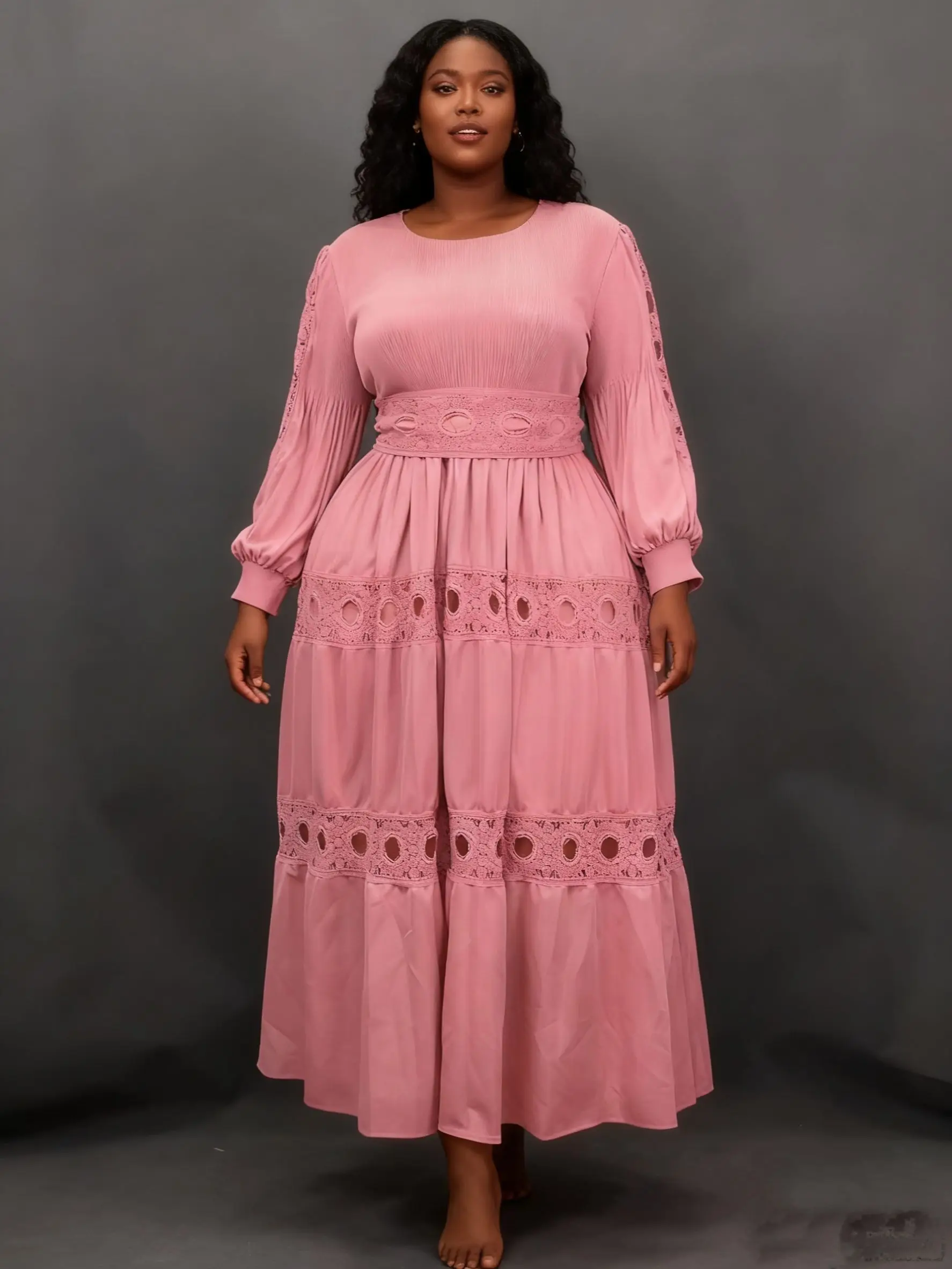 

Плиссированное платье больших размеров Miyaki с кружевом, подходит для повседневного ношения, дома и работы, с элитным ощущением, с длинными рукавами, круглым вырезом, поясом, облегающим крой, с застежкой талией, высок