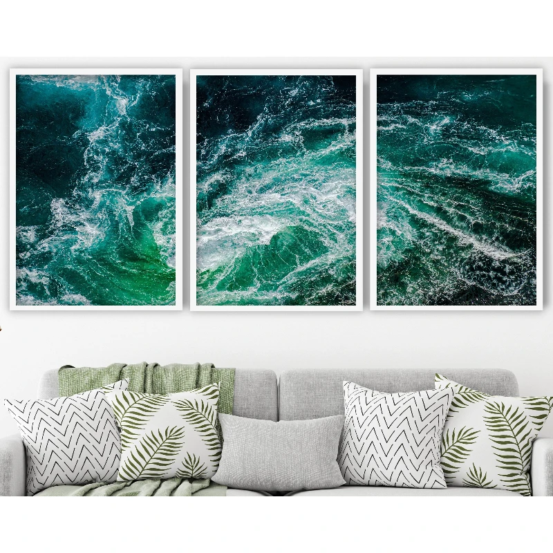 3pcs Modern Abstract Blue Green Ocean Themed Prints Unframed Canvas Posters Featuring Ocean Waves Home Living Room Decor