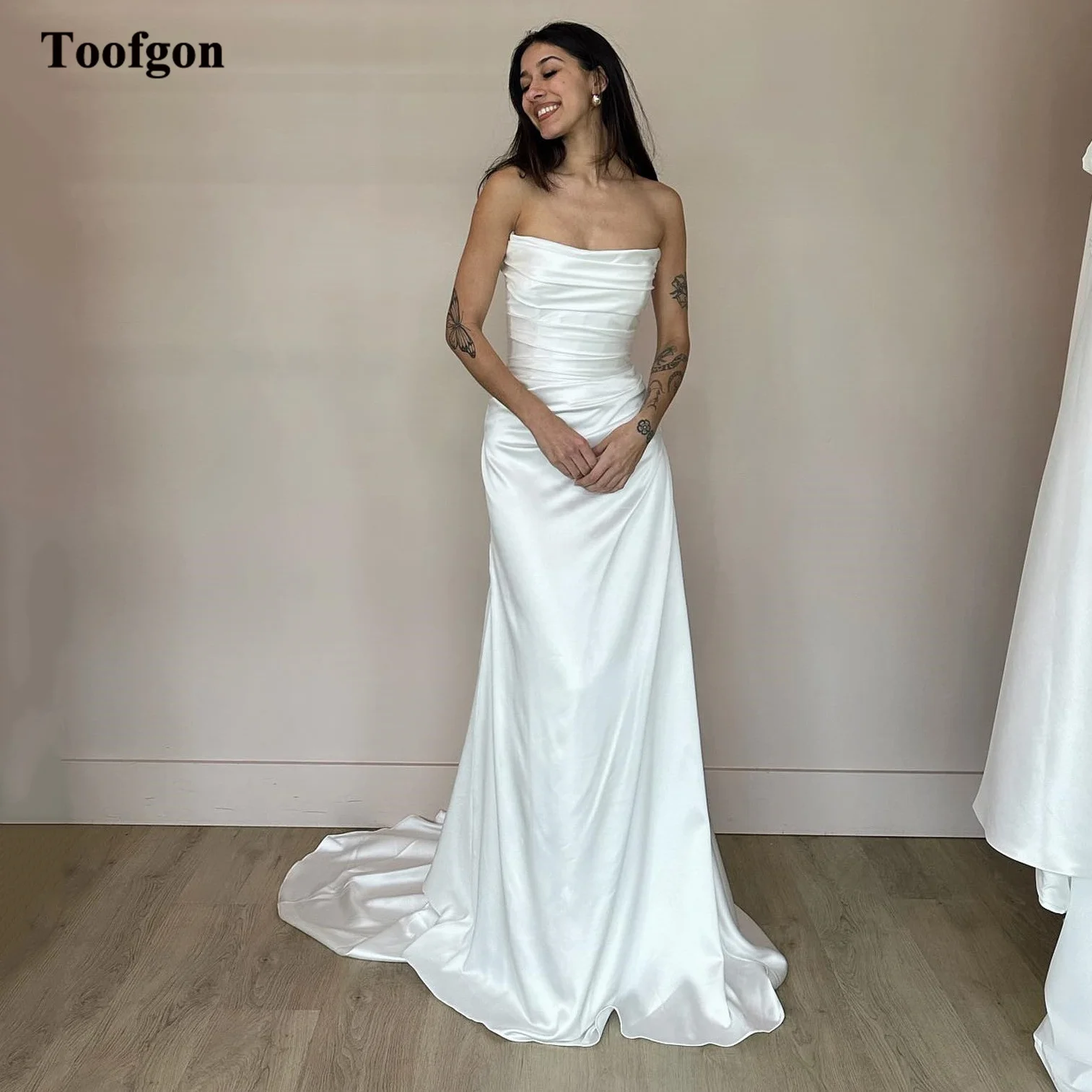 

Toofgon Mermaid Soft Satin Bride Wedding Dresses Pleated Formal Wedding Party Dress Court Train Bridal Gowns Women Occasion Wear