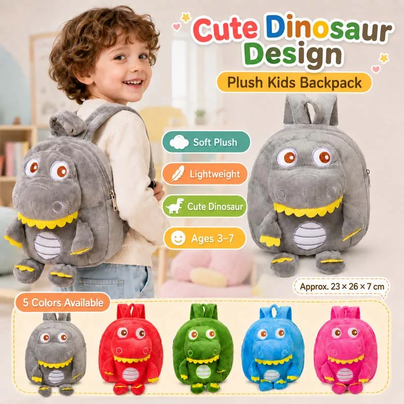 Plush Dinosaur Backpack for Kids Boys Girls Toddler Kindergarten School Bag Soft Cartoon Animal Toy Backpack Baby Shoulder Bag
