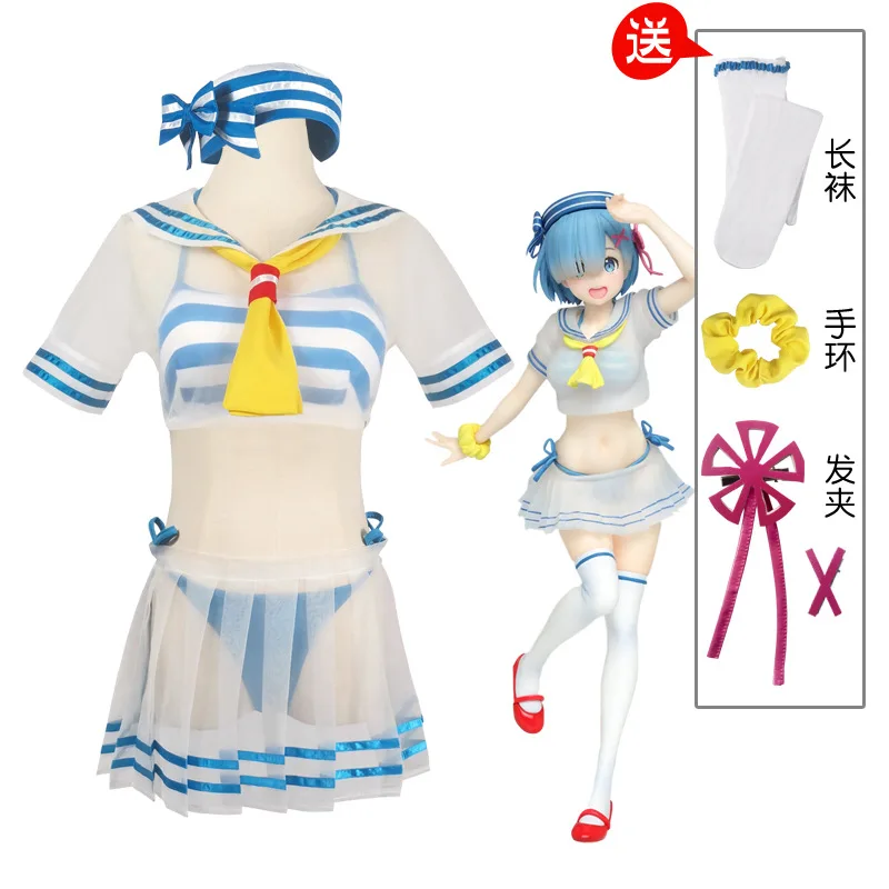 Re:Zero Rem Cosplay Sailor Suits Swimsuit Outfits Costume Bikini Semitransparent Sets Women Plus Size