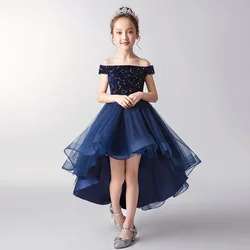 Dark Blue Princess Girl Dress Christmas Party for Kids Ball Gown Elegant Evening Dresses Long Luxury 2022 Female Gala Costume