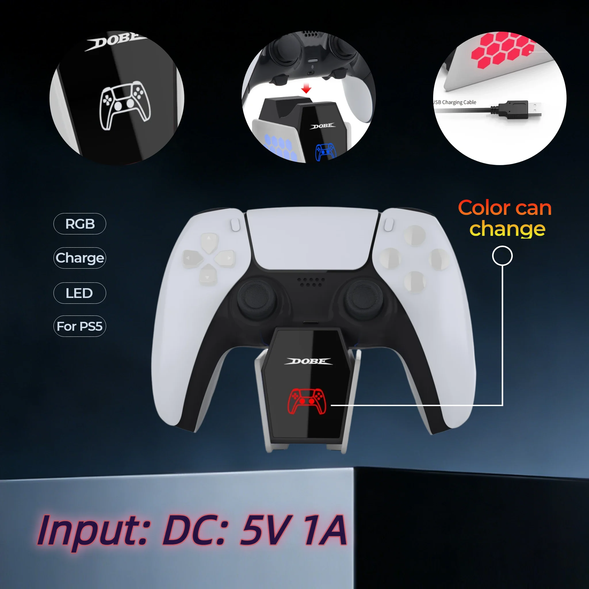 PS5 Controller Charging Dock Single Port RGB LED Color Changing Indicator Light Portable Mini Charger Stand for Edge Compact
