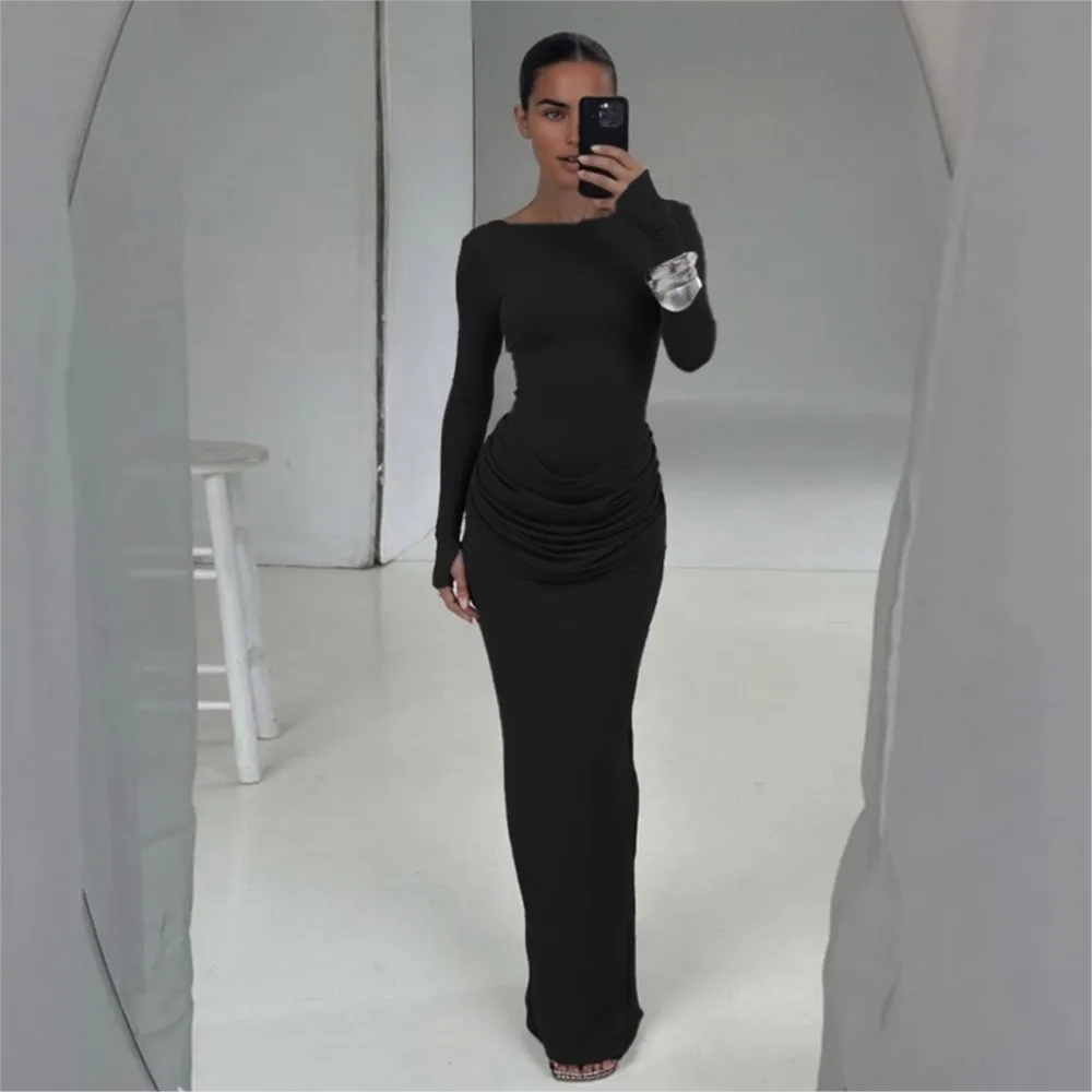

New Fashion Evening Dress Autumn Winter Solid Color Elegant Temperament Loose Clothes Long Sleeves Round Neck Slit Long Vestido