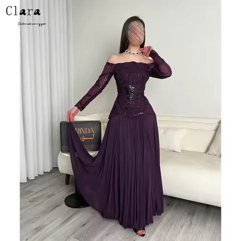 Clara Custom Purple A-line Off-shoulder Long Sleeves Luxury Party Dresses Women's Prom Dress 2026 Chic Wedding Evening Dress