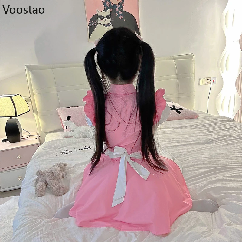 Japanese Sweet Lolita Maid Party Mini Dress Women Cute Apron Bow Anime Cosplay Costumes Girl Sexy Role Play Pink Uniform Sets