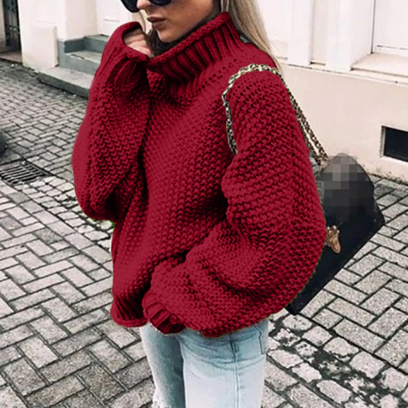 Women\'S Solid Color Fashion Sweater Rolled Edge High Neck Bat-Sleeved Loose Pullover Autumn And Winter Casual Thermal Tops