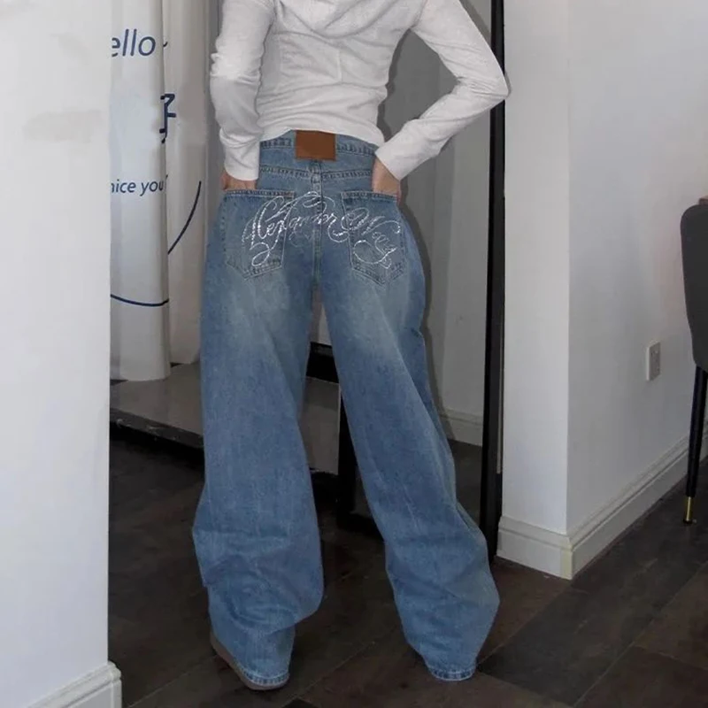 Jeans Retrò con Stampa di Lettere in Cristallo per Donne, Pantaloni in Denim a Vita Alta Stile Coreano, Pantaloni Larghi Chic e Brillanti