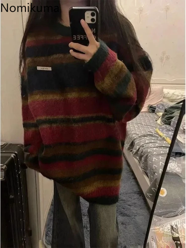 Fashion Tops 2024 Women Oversized Sweater Sueter Mujer Casual Striped Jumper Streetwear Fashion Kntting Pullovers Pull Femme