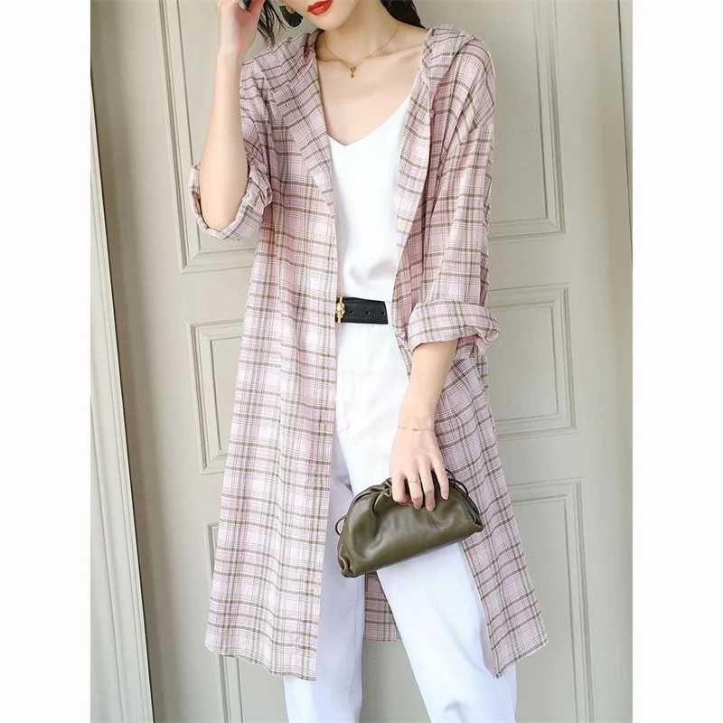 

Casual Long Plaid Pure Cotton Shirt Female Design Sense Summer Hooded Sunscreen Jacket Thin Shirt Jacket Women Shirts Blouse