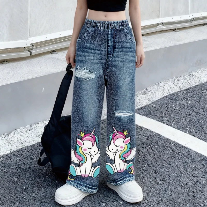 Мода для девочек Y2K в уличном стиле 2025 года — винтажный милый принт единорога — детские свободные широкие брюки из искусственного денима