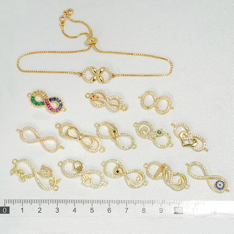 

12Pcs Zigzag Bow Connector Diy Bracelet Necklace Charm Accessorie Color Zircon Flower Snake Palm Eye Goose Element Brass Jewelry