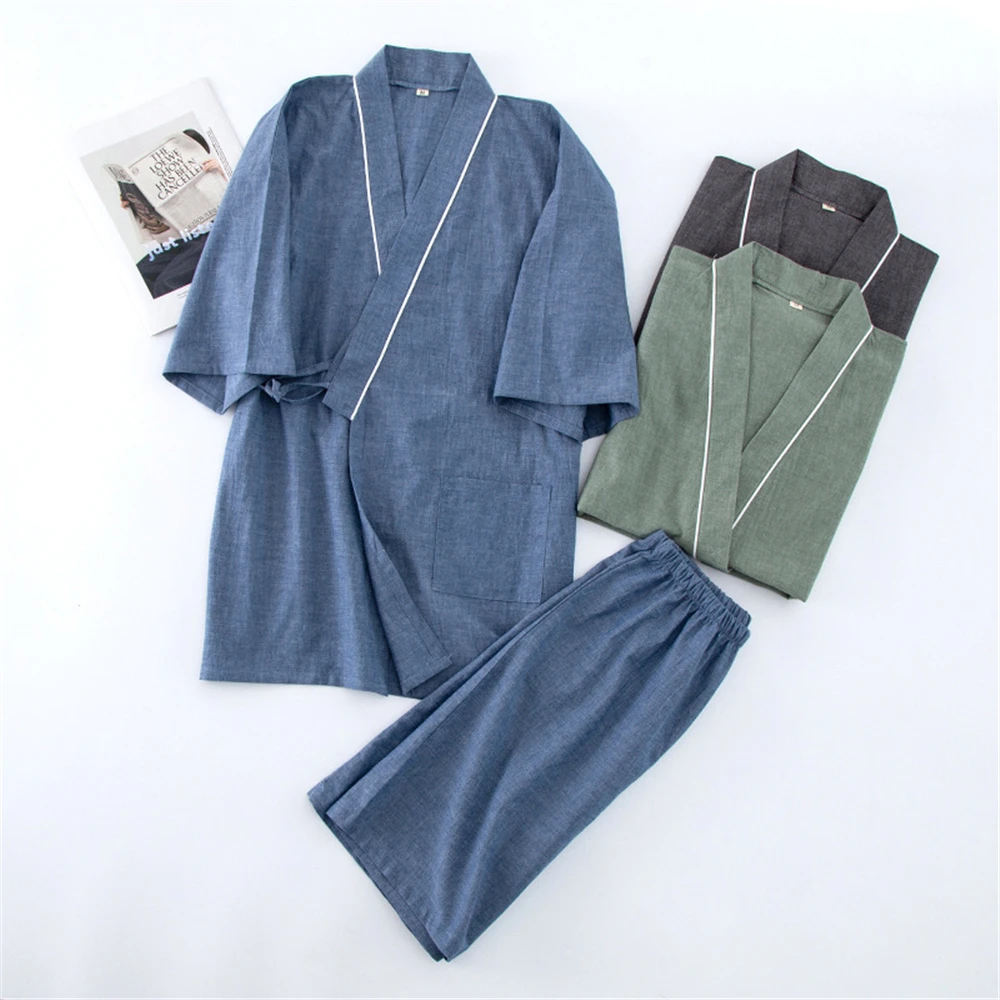 New Men\'s Shorts Pajamas Suit for Summer Short-sleeved Shorts Cotton Simple Japanese Style Kimono Pijama Mens Sleepwear Home Set