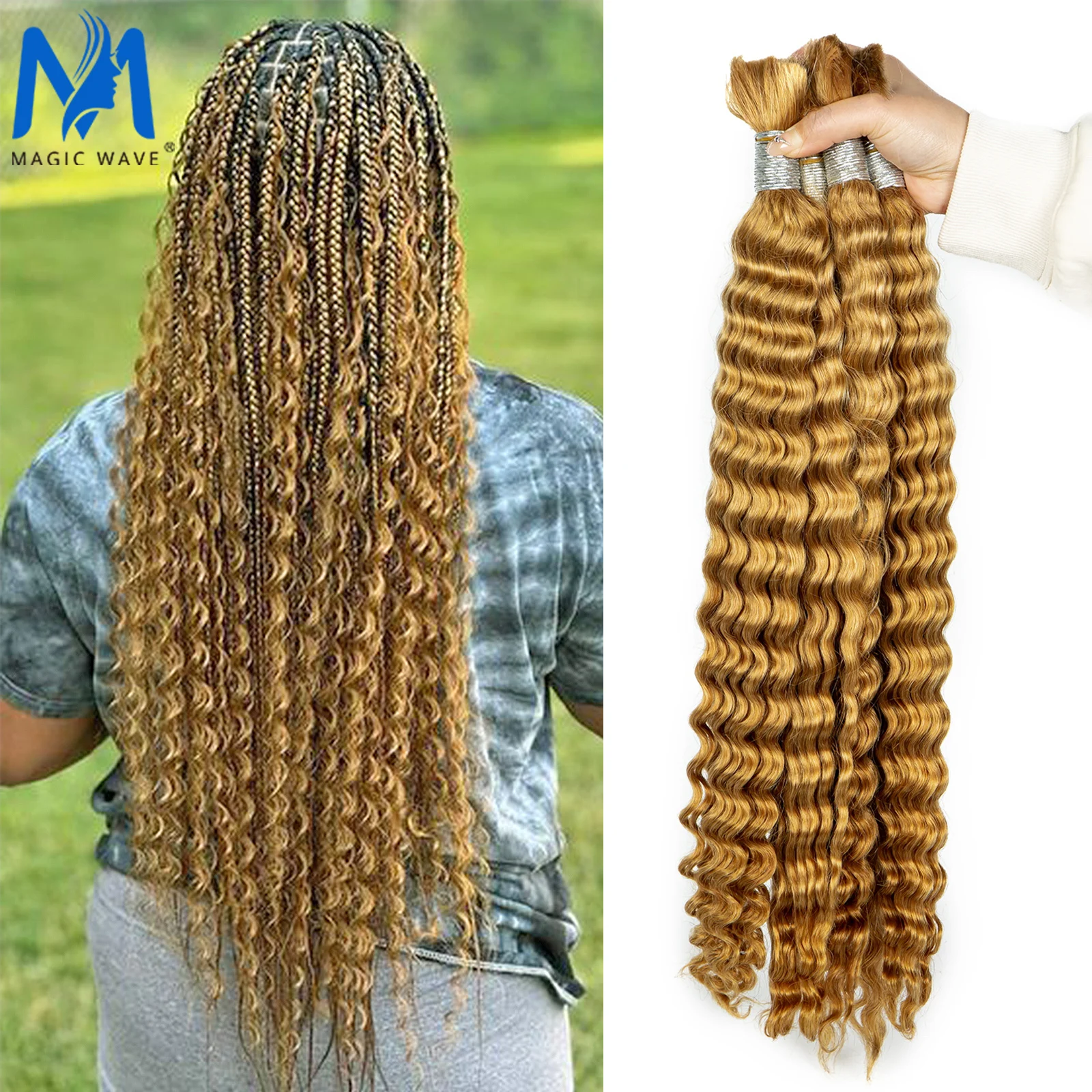 #27 Honey Blonde Bulk Human Hair for Braiding Deep Wave Human Hair Bundles No Weft Bundles for Women Hair Extensions