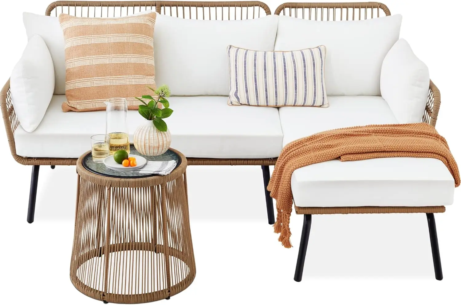 

Outdoor Rope Woven Sectional Patio Furniture L-Shaped Conversation Sofa Set w/Thick Cushions, Detachable Lounger, Side Table