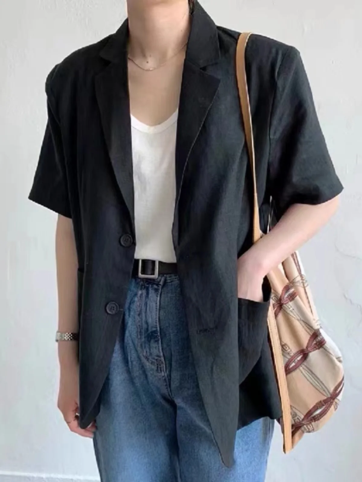 Summer 2026 Women's Cotton Linen Casual Short Sleeve Thin Outerwear Korean Style Loose Fit Short Coat Single Button Pure Color