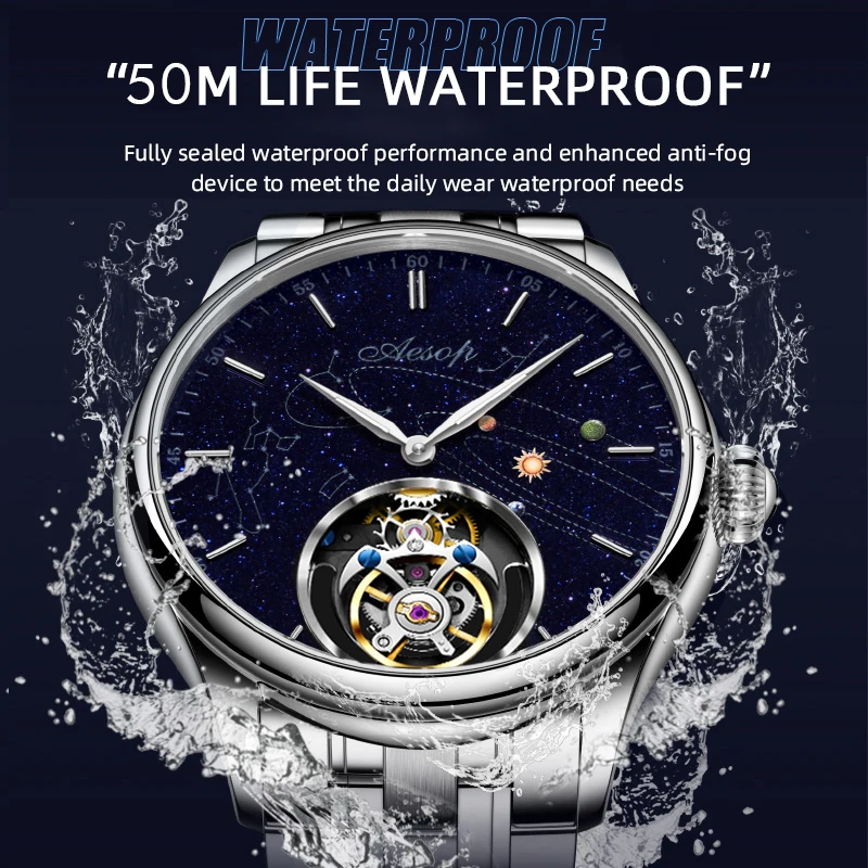 Super AESOP Flying Tourbillon Watch for Men Milky Way Star Sapphire Dial Luxury Steel Band Male Mechanical WristWatches 1963