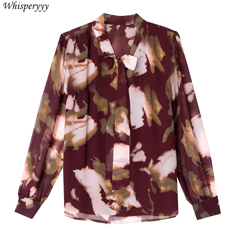 V-neck Bow Shirt Long-sleeved Women's Spring Clothing New Printed Chiffon Tops Female Casual Loose Blusas Femininas Elegantes