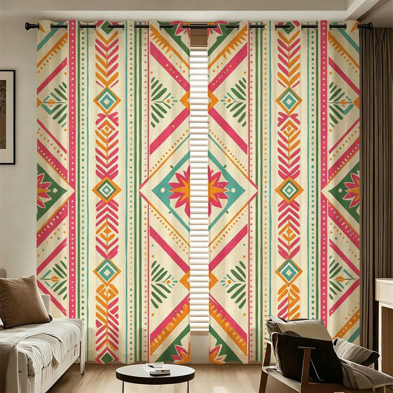 2Pcs Microfiber Curtain Set,Machine Washable,Easy Hanging & Installation,85% Light Blocking,Boho Pink Green Tribal Leaf Motif