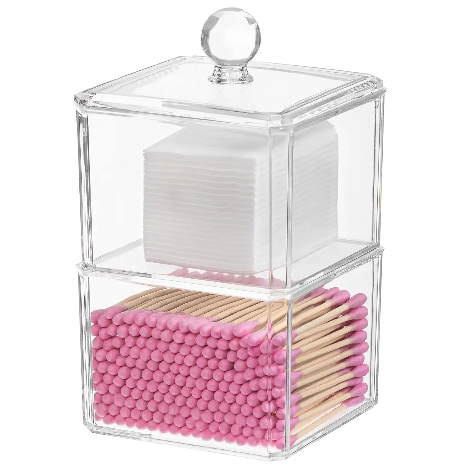 Square Qtip Holder Acrylic Bathroom Vanity Countertop Storage Box Organizer Canister Jar for Cotton Swabs, Rounds Balls, Makeup