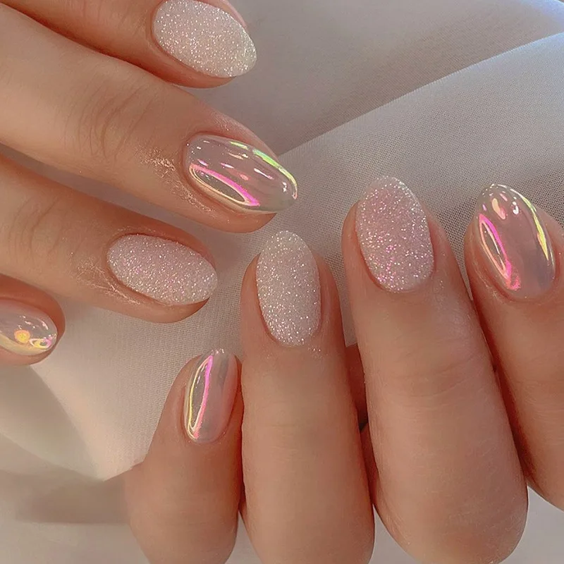 24pcs Rainbow Fake Nails Colorful Bubble Wearable Almond Fake Nails Press on Nails Fashion Full Over Artificial DIY Nail Tips