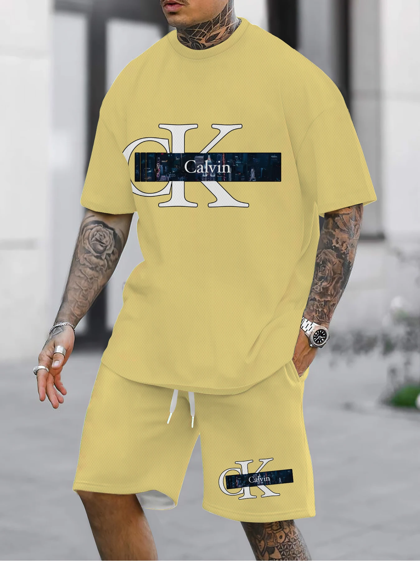 

Новый летний мужской спортивный комплект для отдыха, дышащая скоростная сушка, футболка из полиэфирного волокна с круглым вырезом, шорты, комплект из 2 предметов