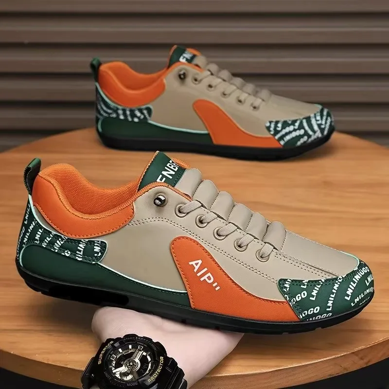 

Autumn \ Winter Leather Comfortable Casual Men's Shoes Color Blocked Breathable Flat Shoes Lightweight and Soft Bottom Sneakers