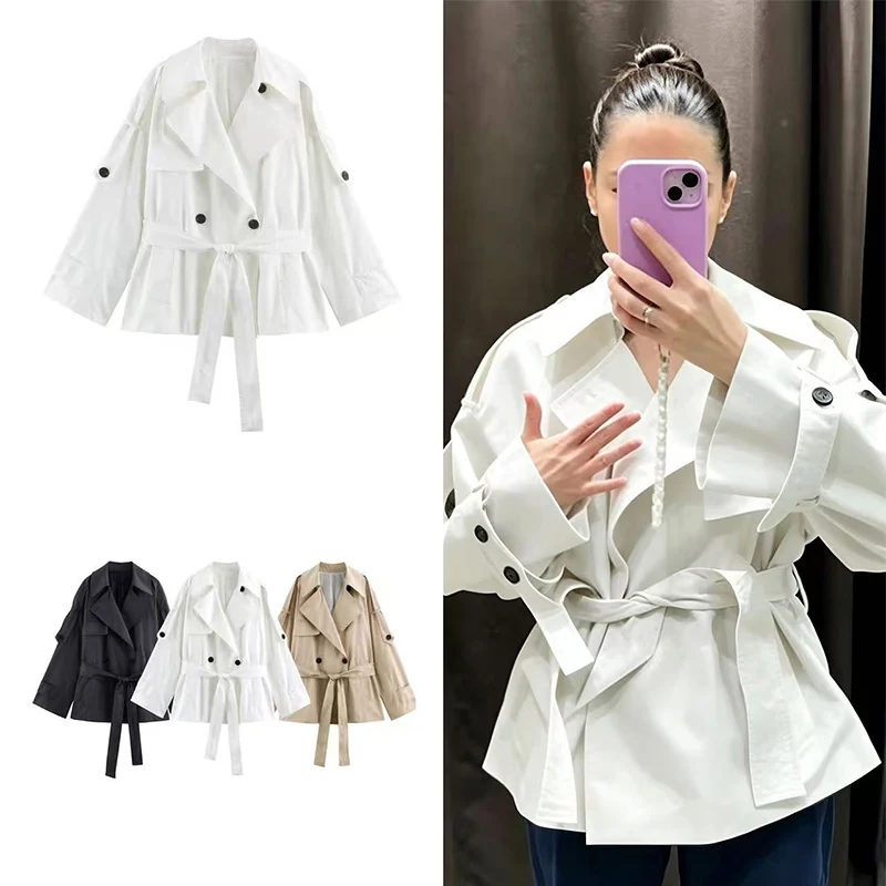 Guobioziy 2026 New Fall Tie Waist Trench Jacket Women Double Breasted Outerwear Notched Lapel Elegant For Office Commute