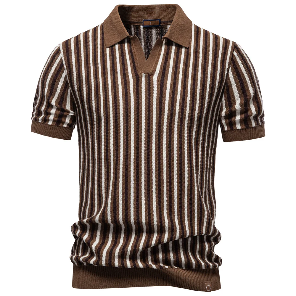 Summer 2026 Men's Business Shirt Fashionable Striped Short Sleeve Lapel Woolen Top for Casual And Formal Wear