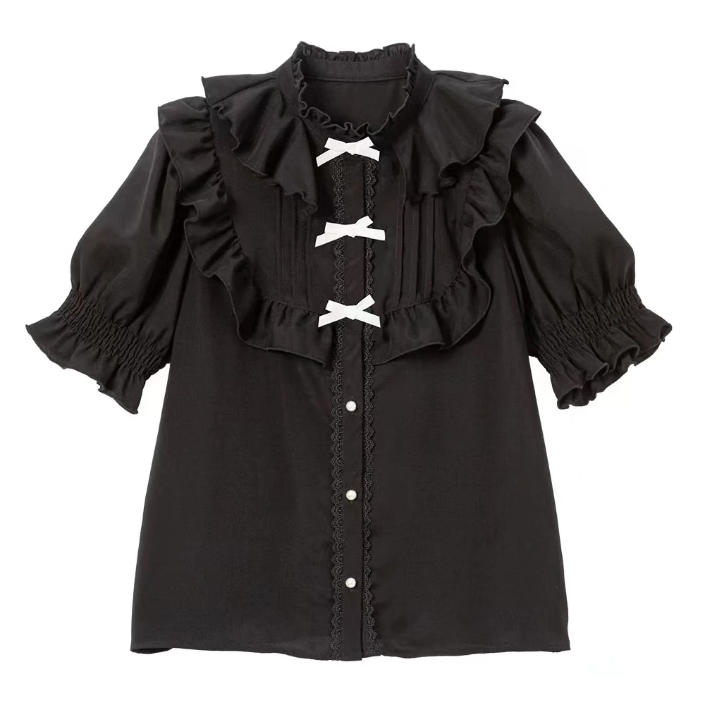 Japanese Style Exquisite Shirt women Solid Color Retro Heavy Industry Fungus Edge Bow Stand-up Collar Lolita Shirt Short Sleeve