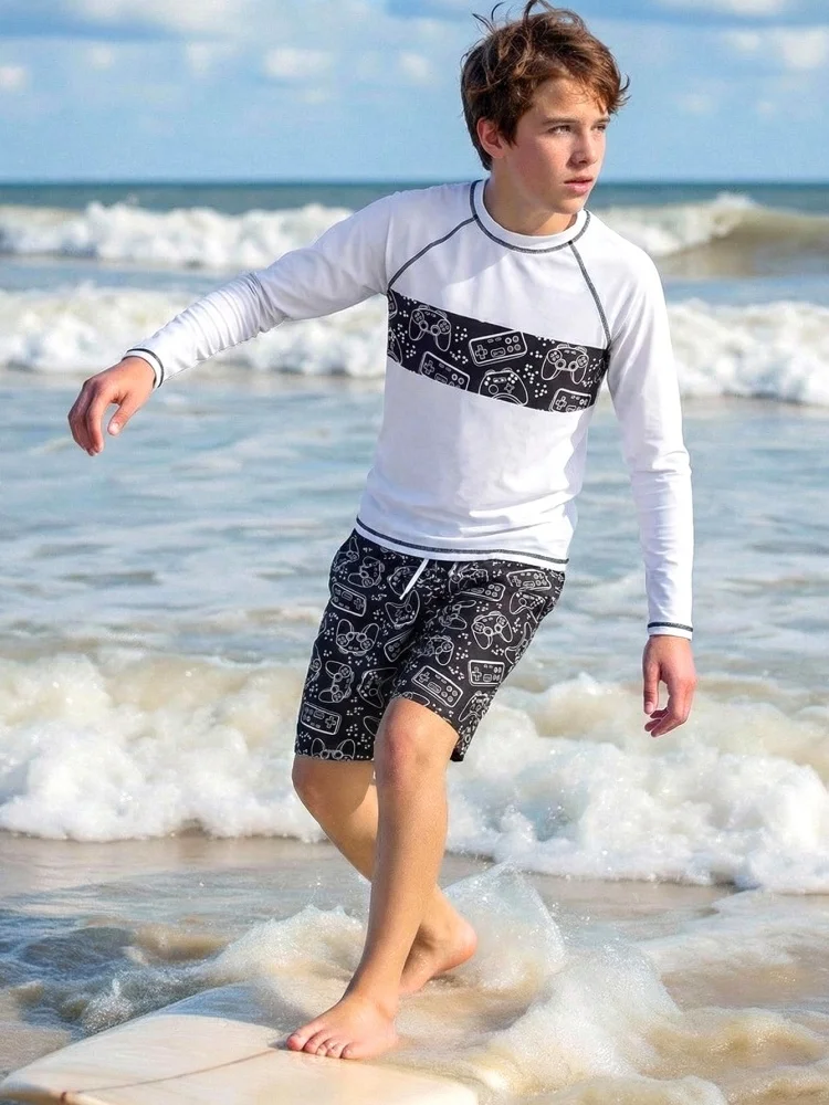 

Boy Kids Swimsuit 2026 New White Game Console Long Sleeves Children Swimwear Summer 2 Piece Beach Cover Up Bathing Suit Swimming
