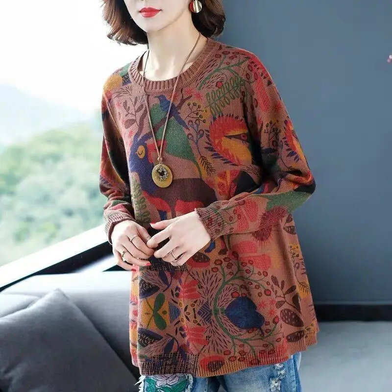 Vintage Printed O-Neck Loose All-match Sweaters Women\'s Clothing 2023 Autumn Winter Oversized Office Lady Pullovers Casual Tops