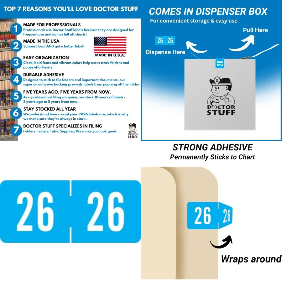 2026 Маленькие годовые этикетки Доктор Вещи 2026 Наклейки с диаграммой Светло-голубые цветные кодовые вкладки Продукты Стиль США Сделано года Наклейки для En