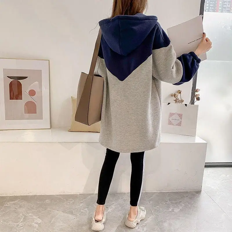 Fashion Patchwork Hoodies Sweatshirts Spring Autumn Long Sleeve Thin Contrast Mid-length Pullovers Casual Trend Women Clothing