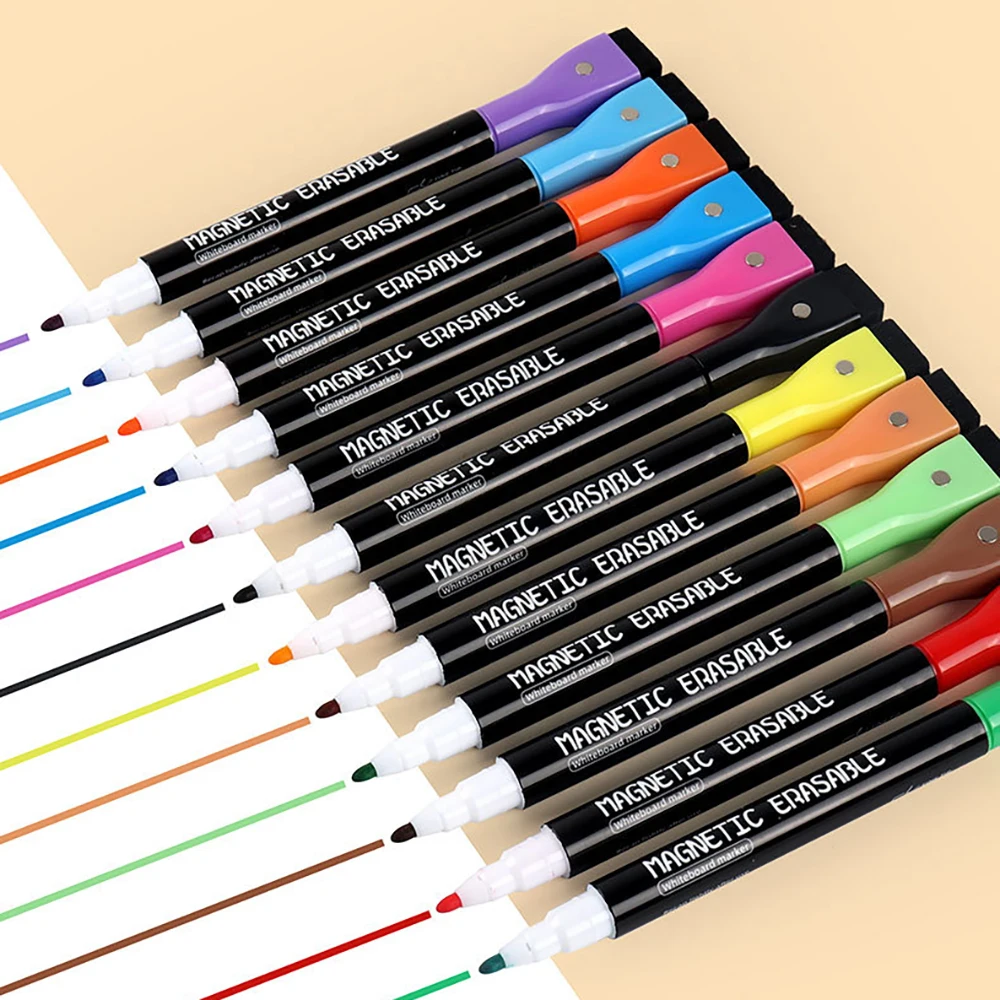 12pcs Magnetic Erasable Markers Dry Erase Highlighter Pen Calendar Planning Board Whiteboard Window Marking Fridge pen