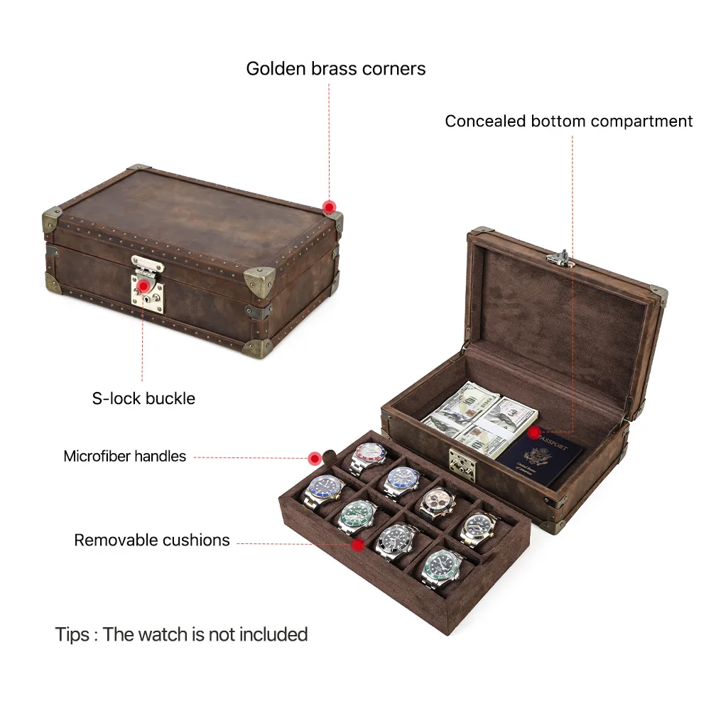 Premium Leather Watch & Jewelry Box 8 Independent Slots Detachable Cushions Ideal for Gift Packaging