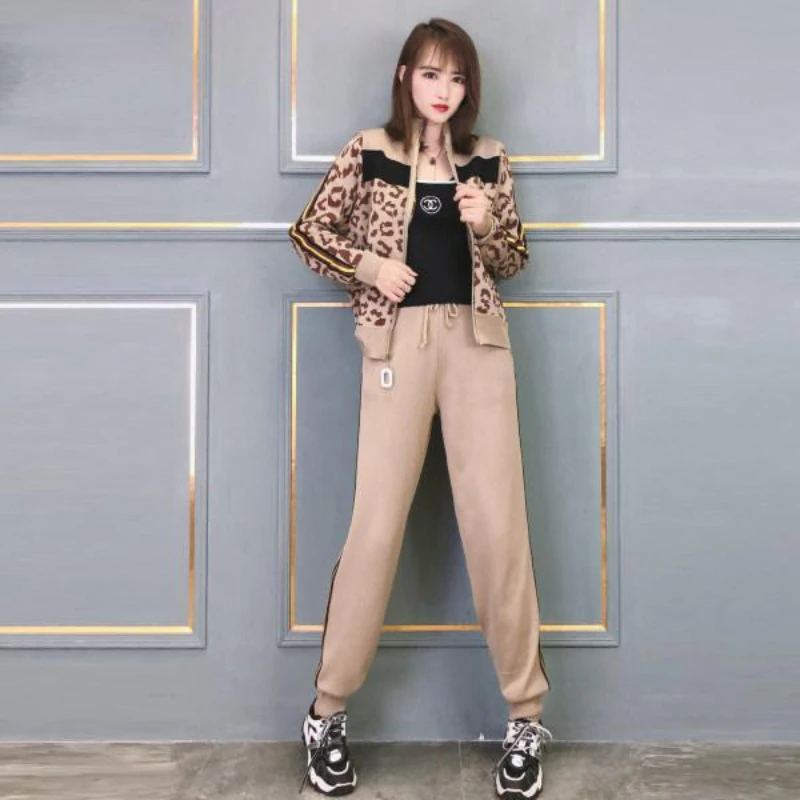 

Knitted Suit Autumn Personality Leopard Print Sweater and High Waist Trousers Two Sets Ladies Long-sleeved Suits G678