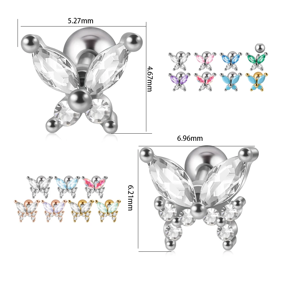 1Pc Surgical Steel Butterfly Helix Cartilage Earring Stud Cute CZ Gem Orbital Tragus Piercing Body Jewelry For Women Children