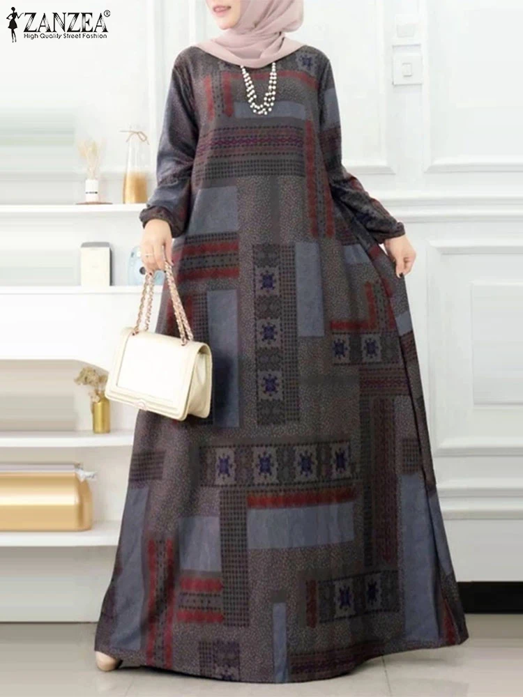 ZANZEA Loose Casual Hijab O Neck Maxi Dress Vintage Muslim Women Ethnic Printing Islamic Vestidos Elegant Long Sleeve Abaya Robe