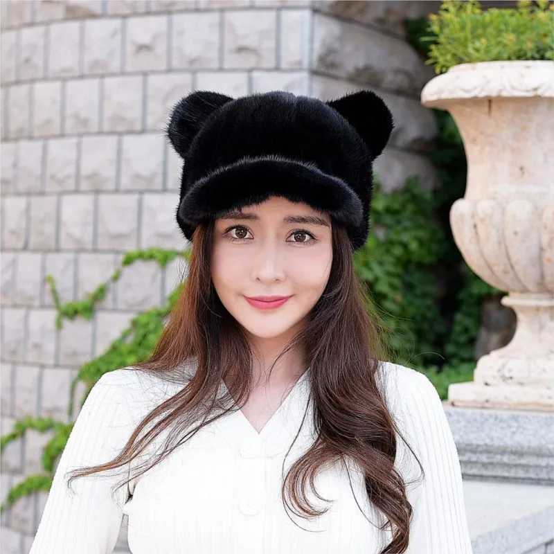 

The ear-bristled fur hat is a warm for women cute cap makes face smaller