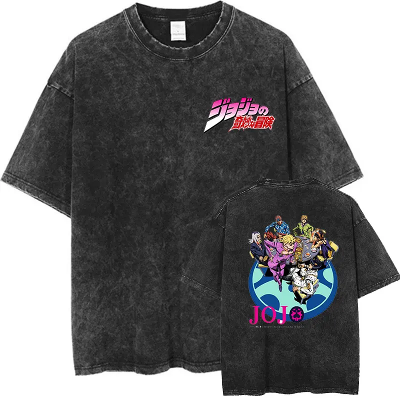 Washed Vintage Women Anime Jojo Bizarre Adventure Graphic Print T-Shirts Manga Casual Tshirt Loose T Shirt