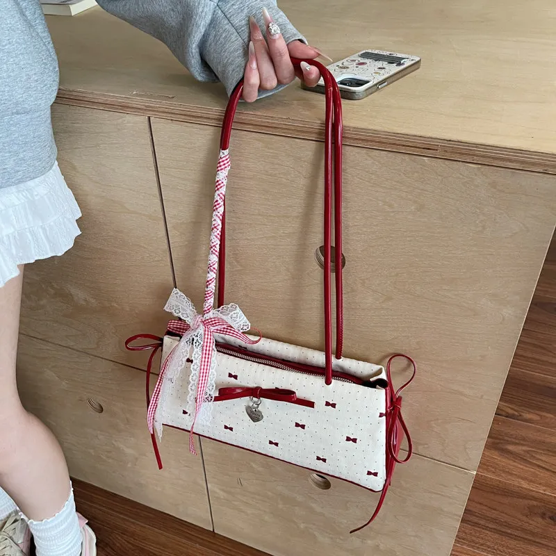 French Summer Sweet Romantic Lolita Ballet Girl Long Baguette Bag Cute Lace Ribbon Bow Fairy Tale Dot Pu Kawaii Shoulder Bag