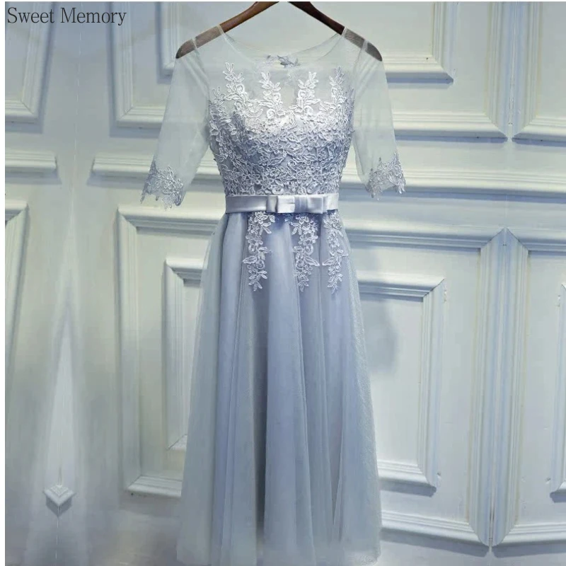 

N1140 Gray Evening Dress Banquet Gown Sweet Memory Illusion O-Neck Appliques A-Line Tea-Length Mesh Tulle Grey Bridesmaid Dress