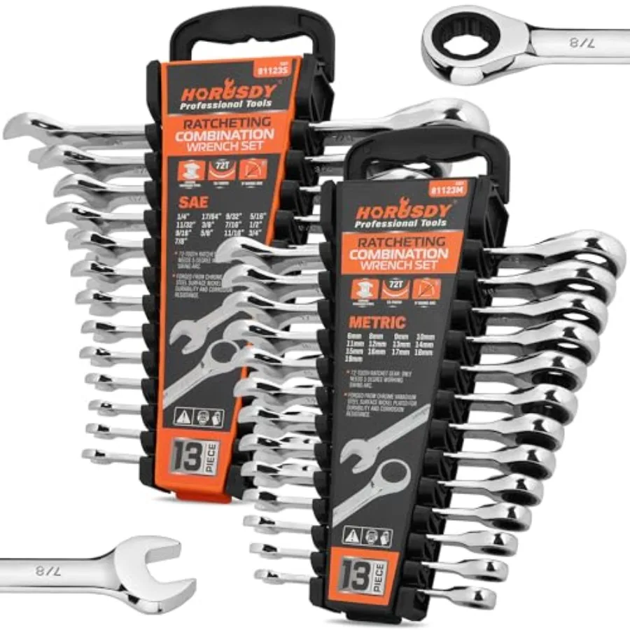 

Ratcheting Wrench Set Ratchet Combination Wrenches Set with Organizer 72-Tooth Chrome Vanadium Steel 6-19 mm and 1/4" to 3/4" a