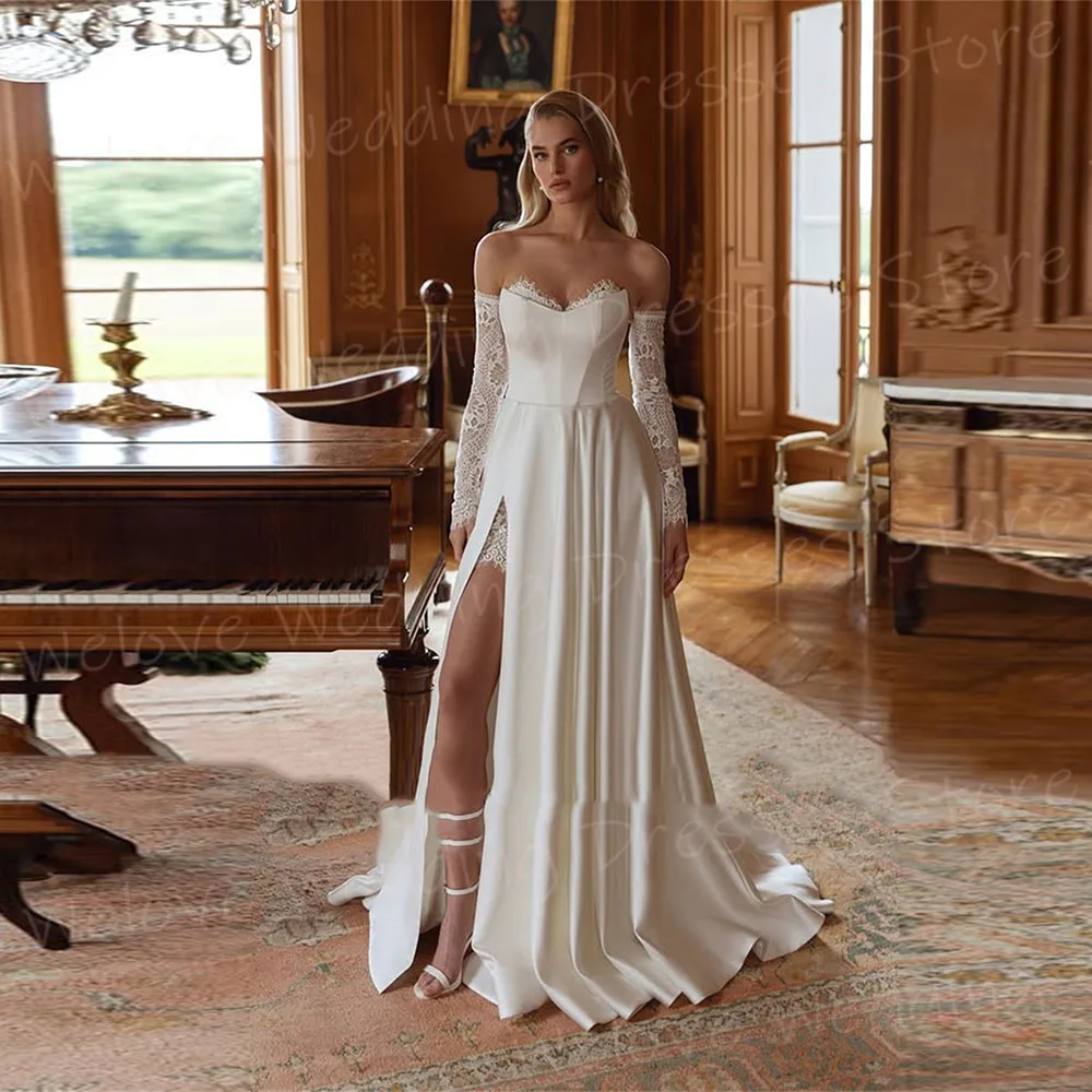 فساتين زفاف نسائية ساحرة على شكل حرف A بفتحة جانبية من Vestidos De Novias De Boda فساتين عروس مخصصة بأكمام طويلة من الدانتيل